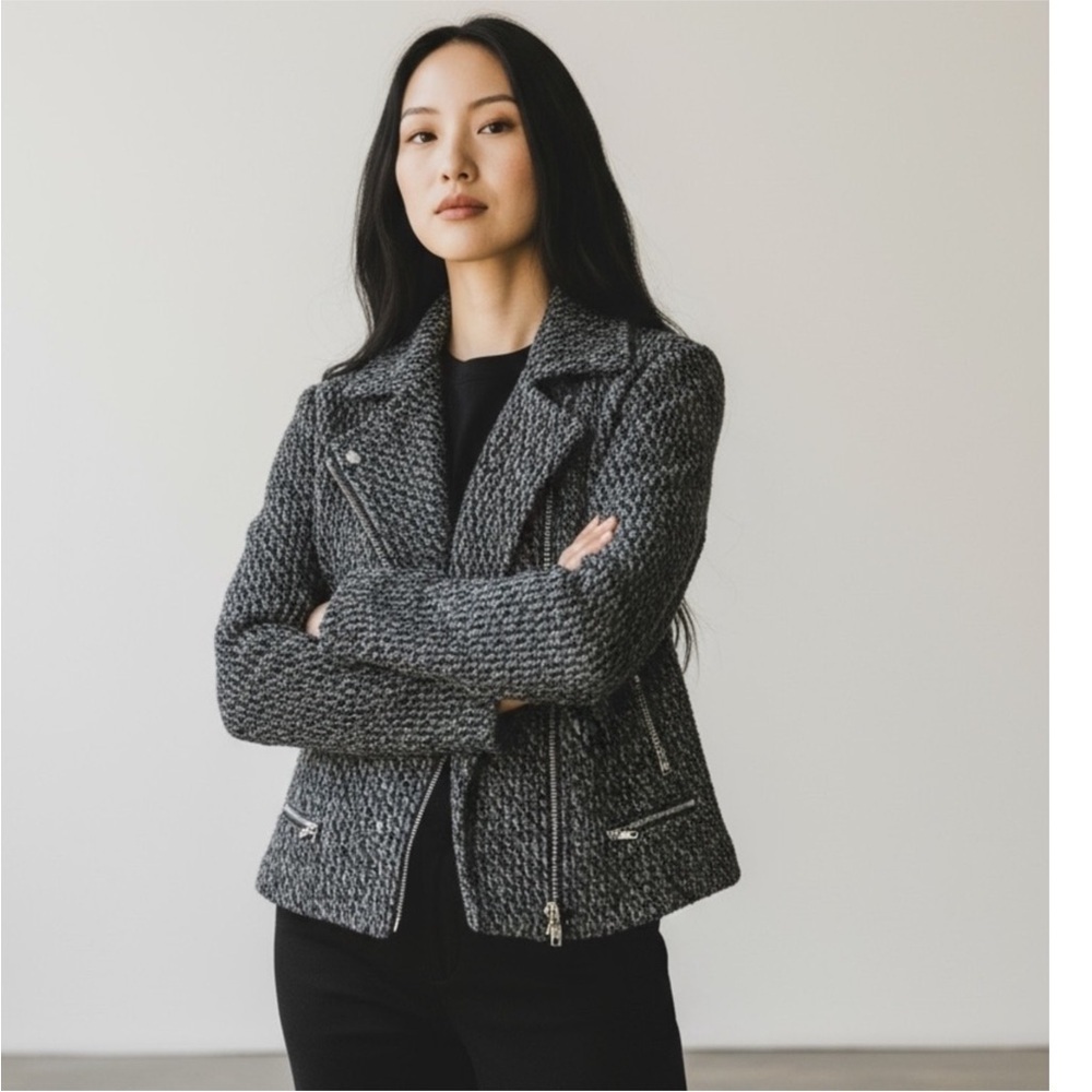 MAISON SCOTCH Wool Blend Boucle Moto Style Blazer Faux Leather Trim US Sz 2